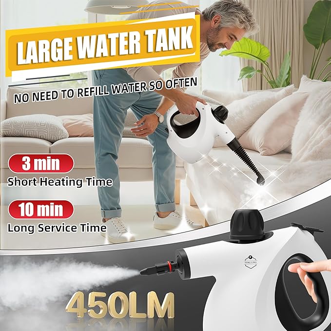 Pressurized Upgraded Handheld Steam Cleaner for Home with 13 pcs Accessories Chemical-Free Multi-Purpose 450ML Steamer for Cleaning Car Furniture Floor Tile Grout and Home Use