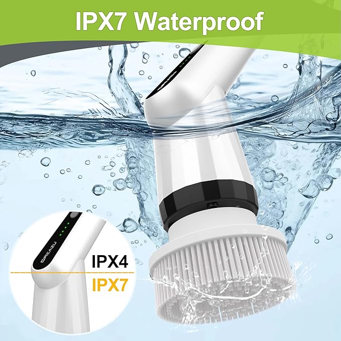 Electric Scrubber Brush IPX7 Electric Scrubber for Shower Electric Cleaning Brush Scrubber with 7 Replaceable Brush Heads &amp Retractable Handle 2-Speed Adjustable Spin Cleaning Brush