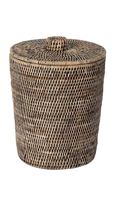 Kouboo La Jolla Rattan Round Waste Basket with Lid &amp Plastic Insert Black Wash