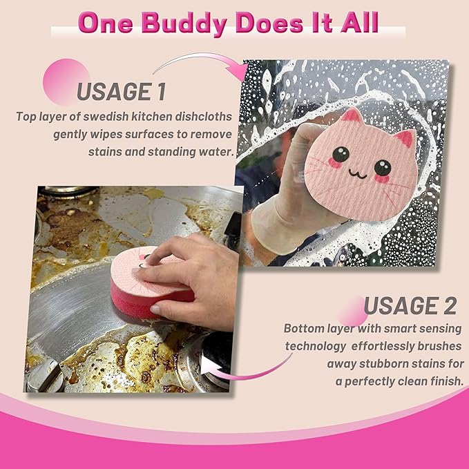 Bulimumu Kitchen Sponge Composite Swedish Dish Clothes Cute Cat Set Dual-Action Scrubber with Smart-Response Layer Non-Scratch Dishwashing Sponges(6 Pack)