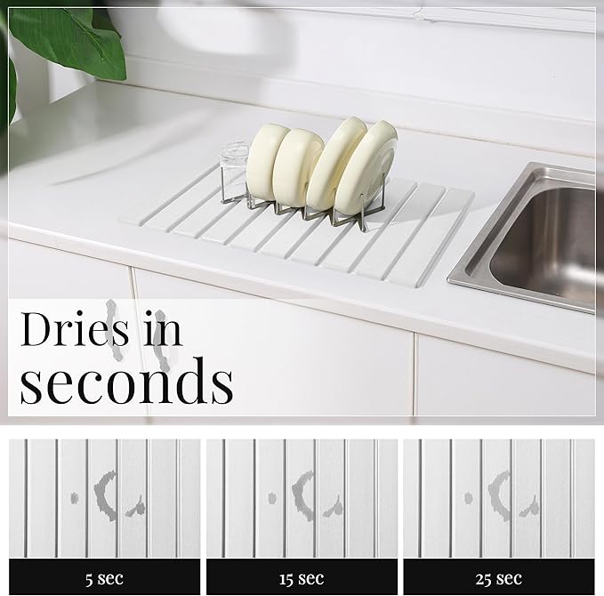 Diatomaceous Stone Dish Drying Mat with Collapsible Steel Rack - Quick Dry Kitchen Counter Set Space Saving Foldable Dryer