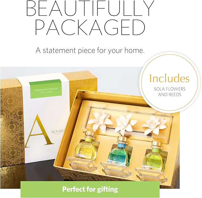 AGRARIA Citrus &amp Floral PetiteEssence Collection Handmade Sola Flower Reed Diffuser Set of 3 Luxury Home Fragrance Scented Oil Diffuser Gift Set