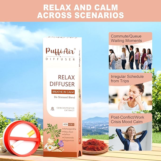 Herbal Diffuser Pen Relax Diffuser with Chamomile Peppermint Saffron Ashwagandha &amp Black Maca Root for Breathing in Calm All Natural Swap - 600 Uses 1 Diffuser 1 Pack