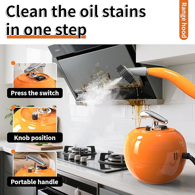 2000W Handheld Steam Cleaner 248°F High Temperature Multipurpose Steam Cleaners with 1500ml Tank 6 Adjustable Gear for Home Kitchen Grease Car Cleaning Orange