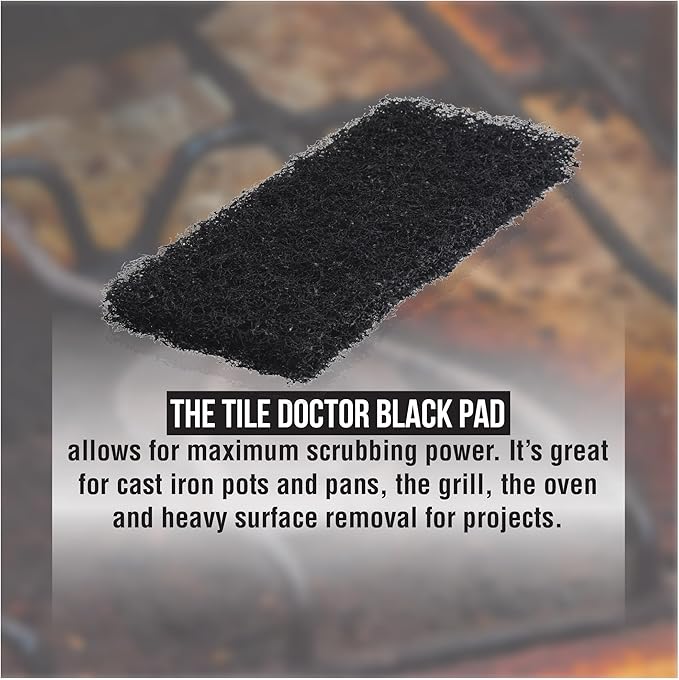 Scrub Doctor 6-Pack of 10 x 4.5 x 1 in. Large Black Scrub Pads and Scrub Pad Holder Scrub-HLD-L-BLK-6 Maximum Abrasion Scrubbing Pads for Cast Iron Pots BBQ Grills Oven Cleaning and Paint Removal