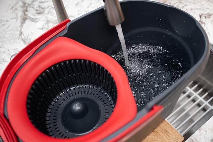 O-Cedar EasyWring Microfiber Spin Mop &amp Bucket Floor Cleaning System + 2 Extra Refills Red/Gray