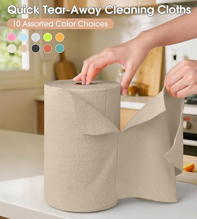 KitchLife Microfiber Cleaning Cloth Roll 100 Pack - Tear-Away Microfiber Paper Towels Lint-Free Reusable Washable for Kitchen Car Dishes and Sensitive Surfaces (Sand Beige)