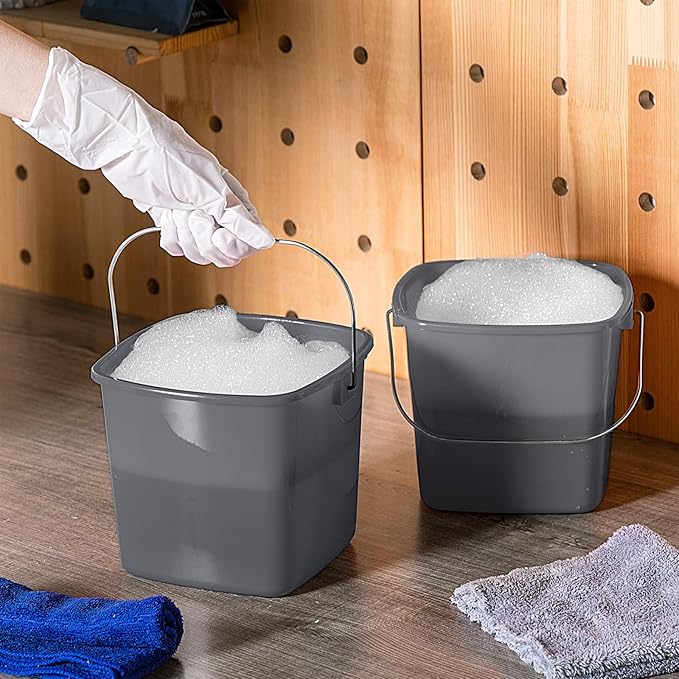 Zhehao 6 Pcs 3 Quart Bucket for Cleaning Small Sanitizer Bucket for Restaurant Square Plastic Pail with Handles for Home Offices Commercial Use Food Service(Gray)