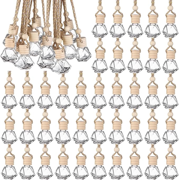 50pcs 8ml Hanging Car Air Freshener Empty Clear Glass Essential Oil Aromatherapy Fragrance Perfume Pendant Glass Vials with Wooden Caps Hanging String Car Diffuser Bottles