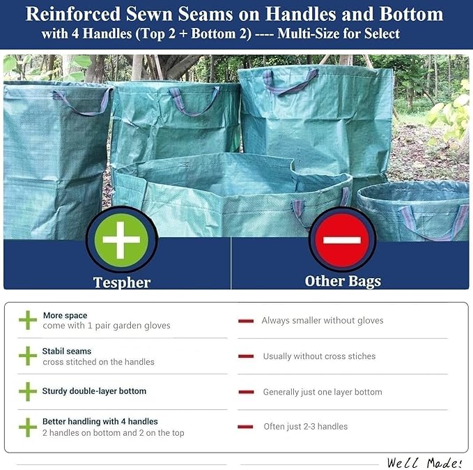 Professional 3-Pack 80 Gallons Lawn Garden Bags (D26H33 inch) Reusable Yard Waste Bags with Gardening Gloves for Leaf BagGarden PruningPatio Trash ContainerLawn WeedsGrass Clippings Bag 4 Handles