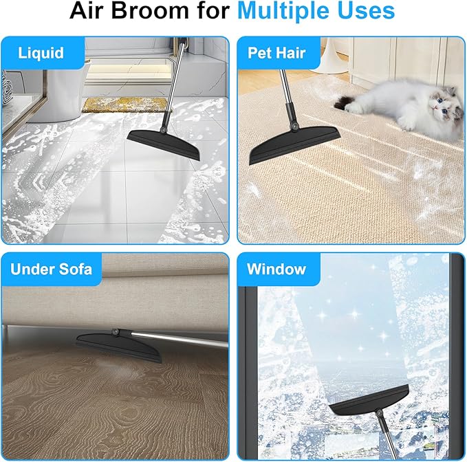 Broom with Dustpan Combo Set and Silicone Air Broom Kit 51 Long Handle Floor Squeegee Black Household Kit for Glass Window Rugs Pet Hair Home