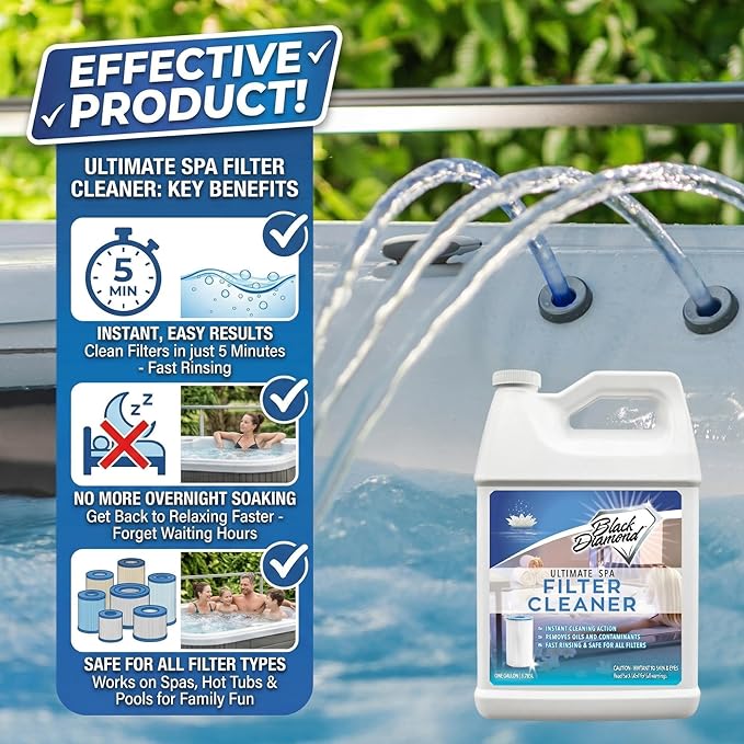 Ultimate Spa Filter Cleaner Fast-Acting Spray. Instant clean for Hot Tub &amp Pool Filters leaving behind no sticky residue. Prolongs filter life and pool equipment. No soaking. (1-Gallon)