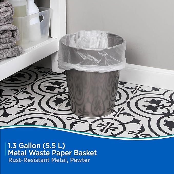 Kenney KN80003 Storage Made Simple 1.3 Gallon (5.5 Liter) Small Open Top Rust-Resistant Metal Waste Basket/Trash Can/Garbage Can for Bathroom Bedroom Home Office Laundry Room or Dorms Pewter
