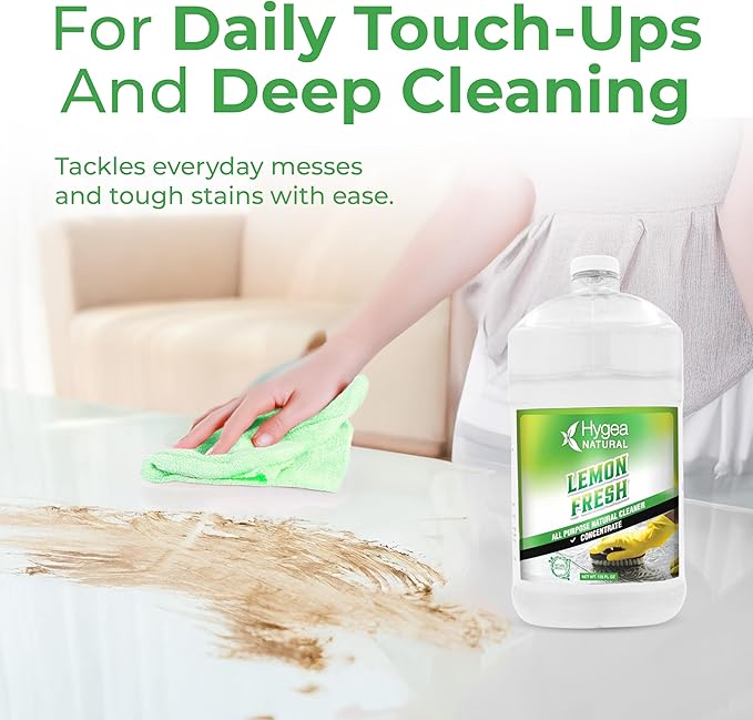 Hygea Natural Lemon Fresh Concentrated All Purpose Cleaner - Non Toxic - Removes Soil Dirt &amp Grease - Wet Gloss Finish - Biodegradable pH-Neutral &amp Ammonia Free (128oz Concentrated Gallon)