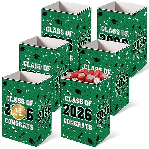Tinlade 6 Pack 2026 Green Graduation Decoration 13 Gallon Disposable Trash Cans Class of 2026 Party Garbage Bins Large Waterproof Foldable Recycle Pop up Bins for Graduation Party School