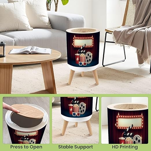 Bathroom Trash Can with Lid Cinema Theater Object red Curtain Showing Electric Frame Garbage Bin Waste Basket for Kitchen Office Bedroom Decoration Diaper Pail 1.8 Gallon