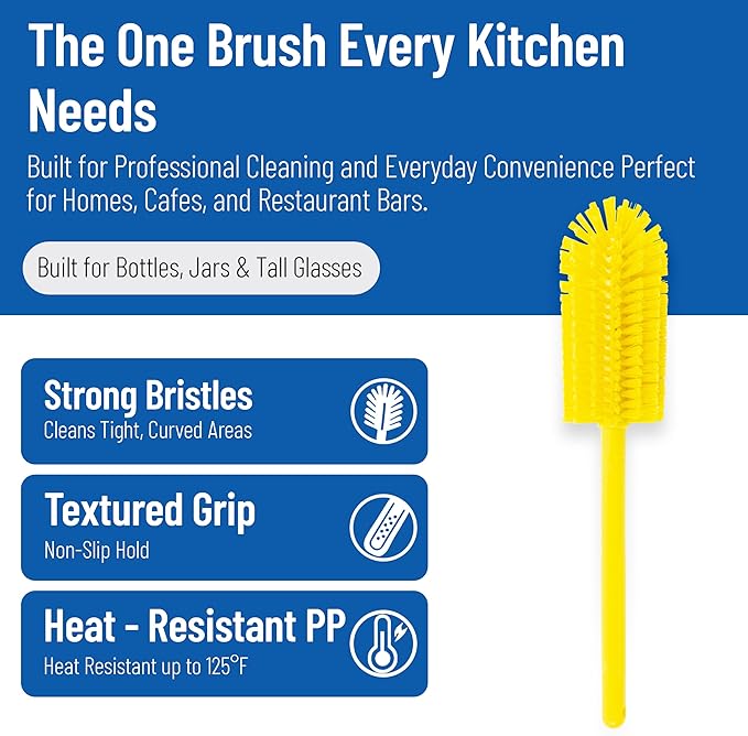 SPARTA Large Water Bottle Brush Ideal for Wide-Mouth Jars Bottles and Tumblers Dishwashing Tool with Handle for Home and Commercial Kitchens Plastic 16 Inches Yellow (Pack of 4)