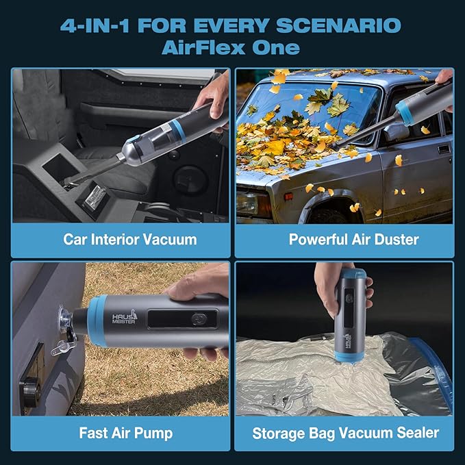HAUSMEISTER Airflex One Cordless Car Vacuum 16000Pa 4-in-1 Handheld Vacuum with Air Duster &amp Inflator Portable Mini Vac for Car Detailing Pet Hair Keyboard Cleaning (Navy Blue)