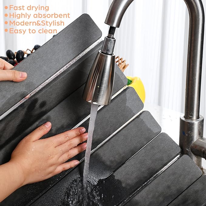 Nuanchu 2pack Large Stone Dish Drying Mat for Kitchen Counter 23.6(L)x15.4(W) Collapsible Diatomaceous Earth Water Absorbing Mat for Dishes Bottles Cups Match Any Countertop(Dark Grey)