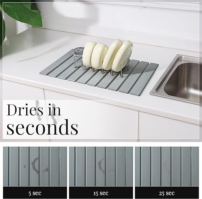 Diatomaceous Stone Dish Drying Mat with Collapsible Steel Rack - Quick Dry Kitchen Counter Set Space Saving Foldable Dryer