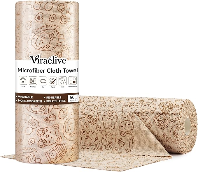 Microfiber Cleaning Cloth Roll 50-Count Reusable Durable Washable Absorbent Towels Lint-Free Non-Scratch Dish Rags for Kitchen &amp Housekeeping Car &amp Screen Brown Cute Bear Print 12x12 in
