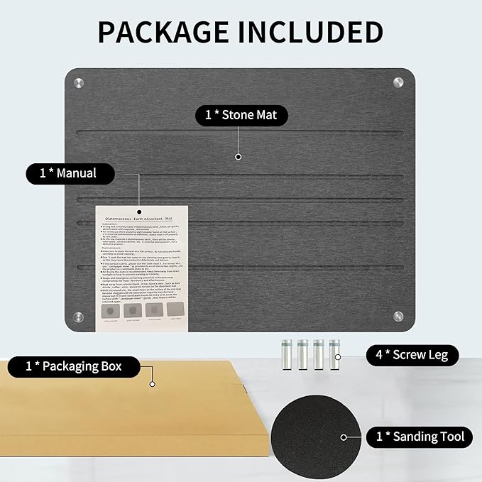 Stone Dish Drying Mat 15.7x11.8(DARK GRAY) Fast Dry Diatomaceous Earth Drying Mat Non-Slip Absorbent Kitchen Bath Counter Mat with Stainless Steel Legs