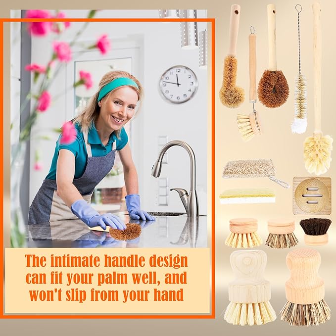 15 Pcs Bamboo Dish Brush Set with 65 Ft Hemp Rope Wooden Palm Pot Brush Sisal Bristles Natural Cup Scrubber Loofah Sponge Draining Tray for Pans Bottle Sink Kitchen Cleaning