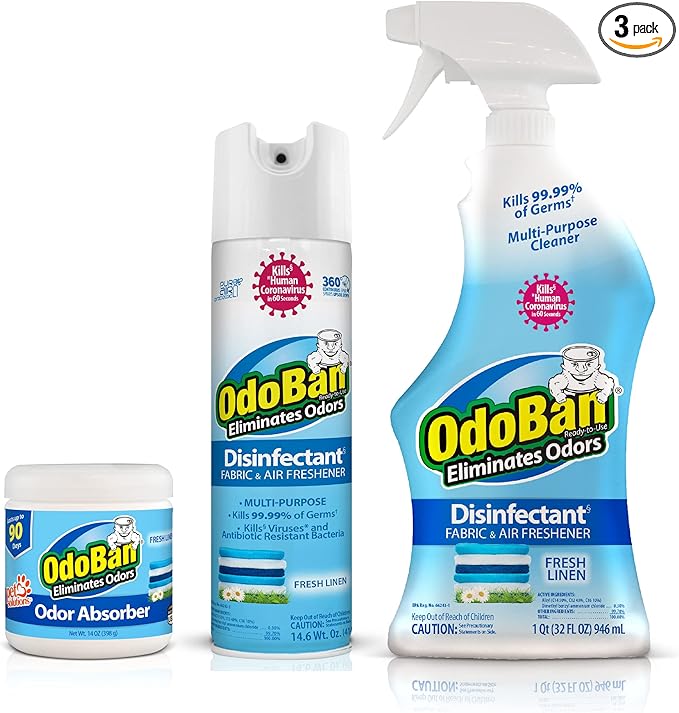 OdoBan Multipurpose Cleaner Disinfectant and Harsh Smell Eliminator Fabric/Air Freshener Pack: Ready-to-Use 360-Degree Continuous Spray Trigger Spray Solid Smell Absorber Fresh Linen Scent