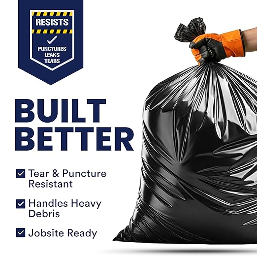 Plasticplace Contractor Trash Bags 42 Gallon │ 3.0 Mil │ Flaps │ Black Heavy Duty Garbage Bag │ 33” x 48” (50 Count)