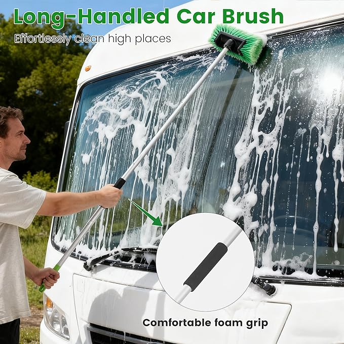 Car Wash Brush with Long Handle 60'' Soft Bristle Cleaning Brush Car Cleaning Brushes Carwash Brushes for SUV RV Boat Truck House Siding Sweep Snow Green
