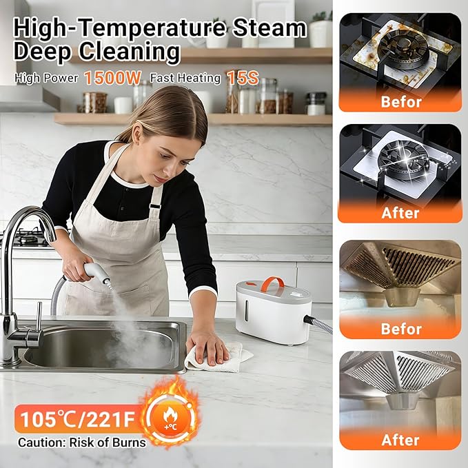 Steam Cleaner for Home - Portable Handheld Steamer for Cleaning With 15s Heat-UP 0.78 Quarts Tank9 Accessories - Clean GreaseAutomotive wheels and interior trimGrout Tile Floor Couch Carpets