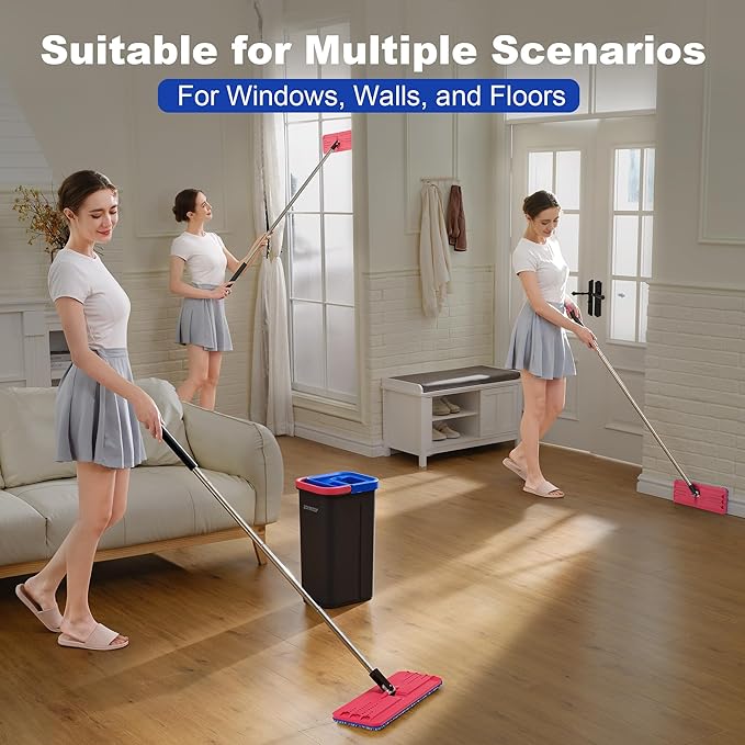 JOYMOOP Microfiber Flat Mop and Bucket System Mops for Floor Cleaning and Wall Cleaner Hardwood Tile Laminate Vinyl Floors Smooth Walls and Glass Windows - 60 Flat Mop+3 Microfiber Pads[Black]