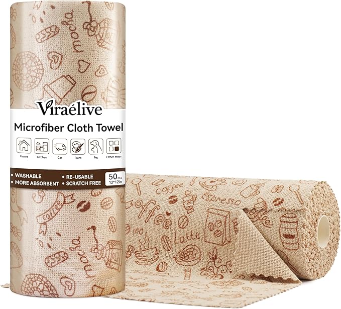 Microfiber Cleaning Cloth Roll 50-Count Reusable Durable Absorbent Lint-Free Non-Scratch Towels Dish Rags for Kitchen &amp Home Studio Multi-Purpose Food Pattern 12x12 in