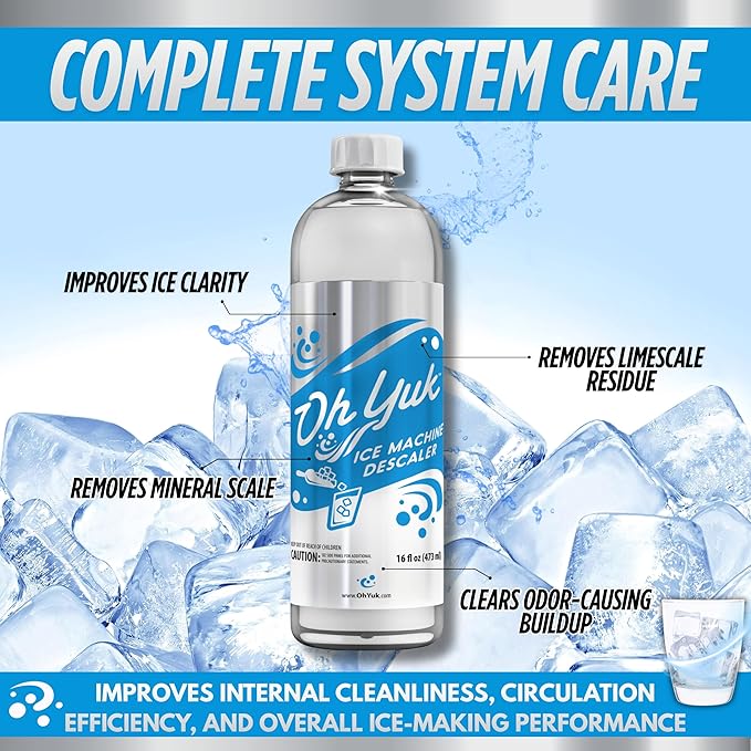 Oh Yuk Ice Machine Cleaner Descaler – Scale &amp Buildup Remover Nickel-Safe Ice Maker Cleaning Solution Compatible with GE nugget Igloo &amp All Standalone Ice Makers. For A Fresh Ice Machine