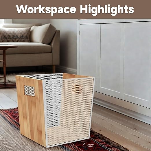 Bamboo Wooden Trash Can with Mesh Unique Office Decorative Wastebasket Wood Garbage Can for Bedroom Bathroom Laundry Room Kitchen Office Dorm (Natural 5 Gallons)