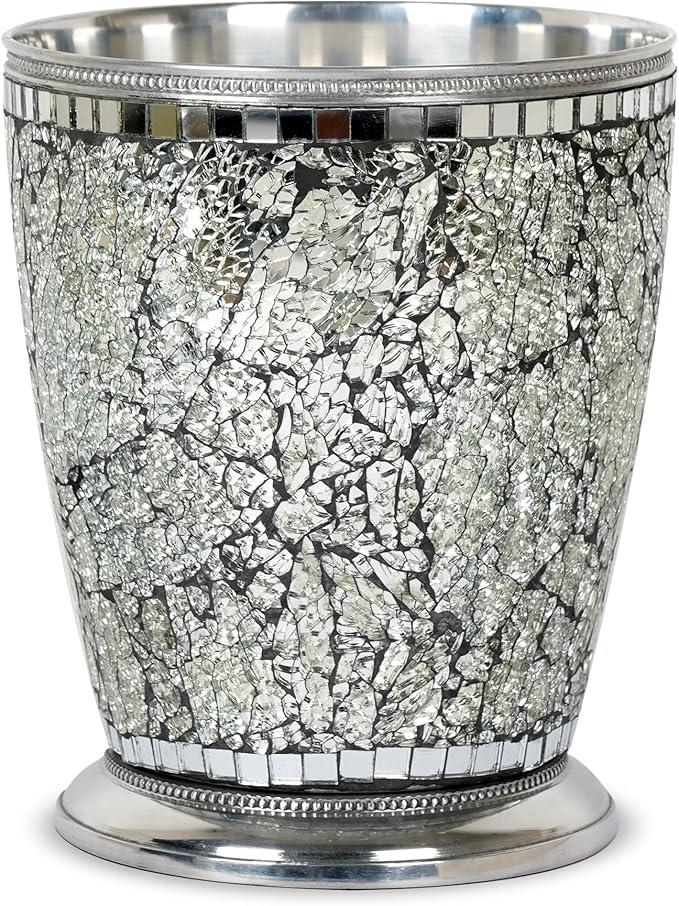 nu steel Iceberg Ice Collection Wastebasket Small Round Vintage Trash Can for Bathroom Bedroom Dorm College Office 8.5 x 8.5 x 10.4 Silver Mosaic Finish