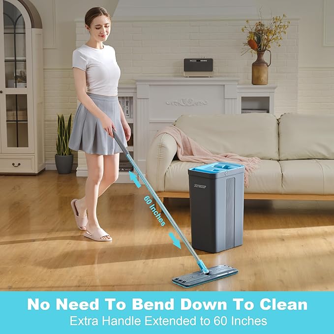 JOYMOOP Mop and Bucket Set with Wringer Mops for Floor Cleaning Wall Mop Cleaner with Long Handle with 4 Reusable Microfiber Mop Pads - Grey+Cyan Blue