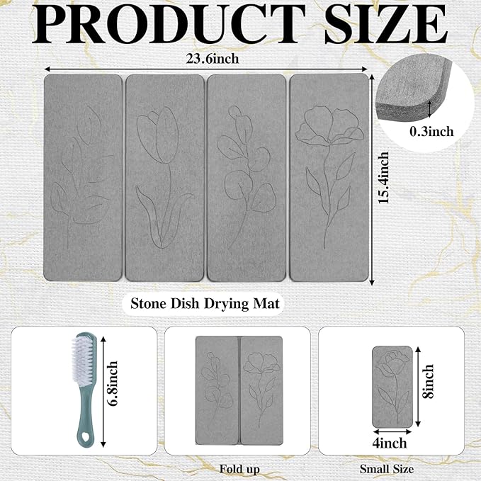 Kathfly 2 Pcs Large Stone Dish Drying Mats for Kitchen Counter Floral Absorbent Diatomaceous Earth Foldable Quick Dry Anti-slip Pad with Brush for Tableware Bottle Cup(Natural Style)
