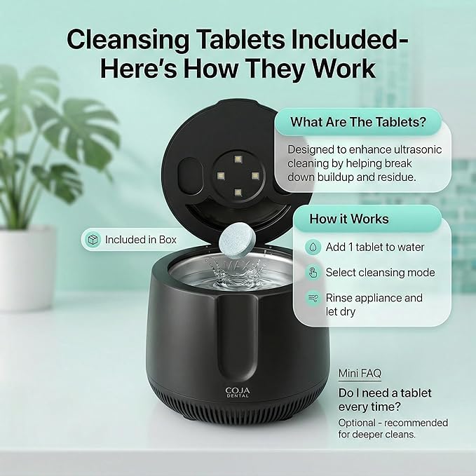 Retainer Cleaner Machine Pod PRO | 48kHz Ultrasonic Dental Pod for Mouthguard Dentures &amp Aligners | UV Light | 3 Cleaning Modes | Tablets Included
