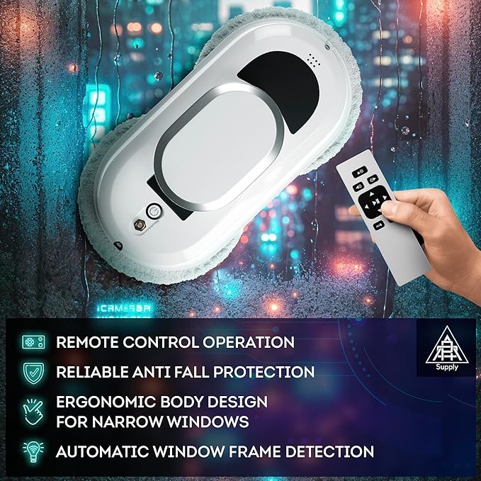 White Automatic Window Cleaner Robot W100 11.8 x 5.9 x 4.7 Inch with 3 Modes and 10 Cloth Pads. Window Vacuum Cleaner for Windows Without Water Spray. Automatic Glass Cleaner Vacuum 72dB
