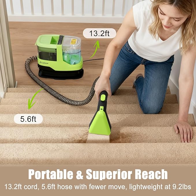 AAOBOSI Portable Carpet Cleaner Machine 17Kpa Upholstery Steam Cleaner with Smart Voice Prompting Self-cleaning 4 Tools for Pets Car Couch and Stairs- C688 Green