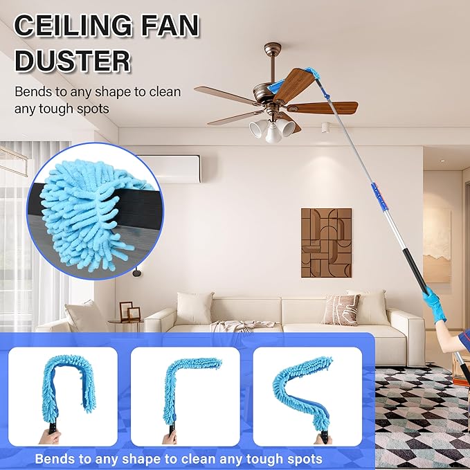 30 Foot High Reach Cleaning Kit with 6-24FT Telescoping Pole - High Ceiling Dusting and Window Cleaning Kit Cobweb Duster Window Washer &amp Squeegee Fan Duster and Feather Duster