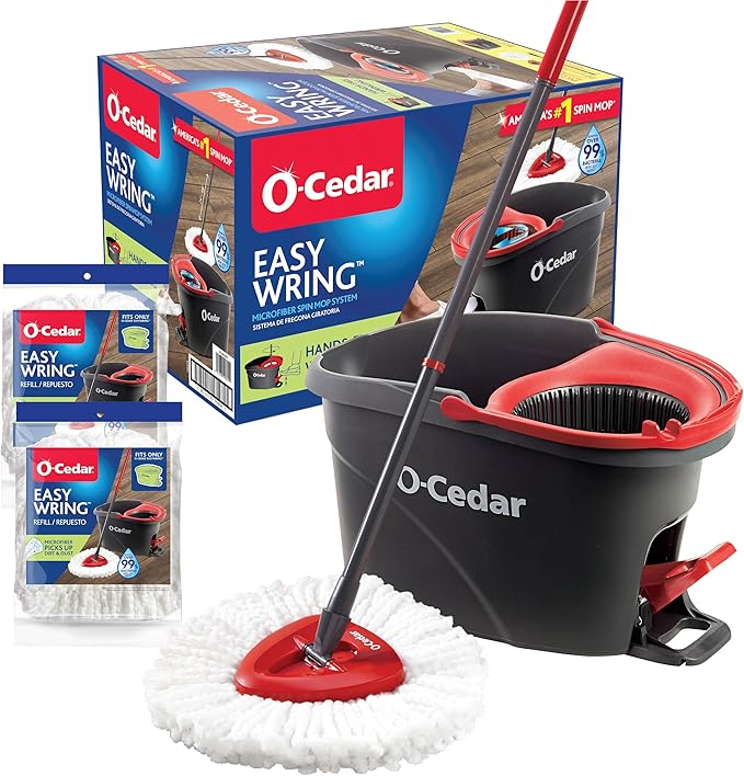 O-Cedar EasyWring Microfiber Spin Mop &amp Bucket Floor Cleaning System + 2 Extra Refills Red/Gray