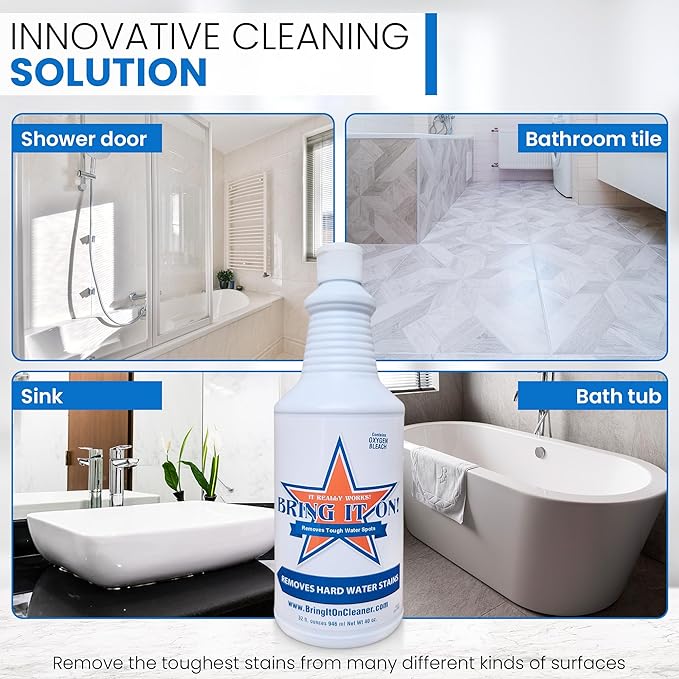 Bring It On Cleaner Hard Water Stain Remover Shower Door Cleaner Clean Tile and Grout Windows Fiberglass Tubs Chrome32 Ounce. - 2 Pack