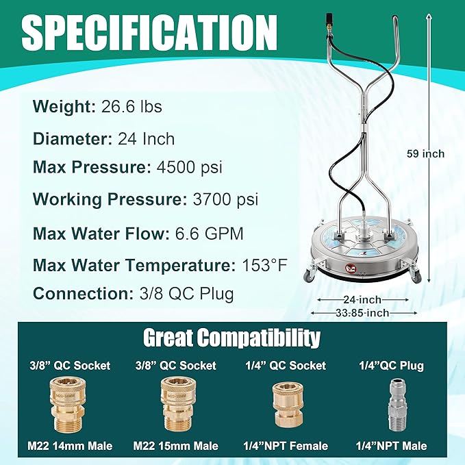 Tool Daily 24 Pressure Washer Surface Cleaner Attachment with Dual Handles Stainless Steel Driveway Cleaner for Power Washer with Wheels Pressure Wash Concrete 4500 PSI