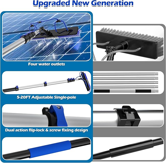 30 FT Reach Solar Panel Cleaning Brush Kit with 5-24 FT Telescopic Extension Pole Water Fed Pole with Dual Action Flip-Lock &amp Screw Fixing Design Ideal for Snow Removal Windows Boats RVs