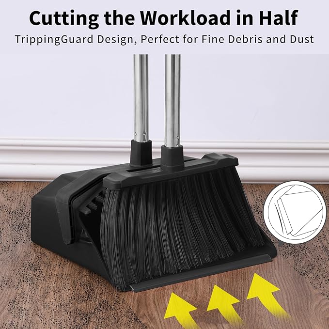 Commercial Broom and Dustpan Set 3-Pack Broom with Dustpan Combo Set Industrial Brooms and Dustpans Sets 51 inch Long Handle Large Brooms and Dust Pan for Hall Lobby Office Garage - Black