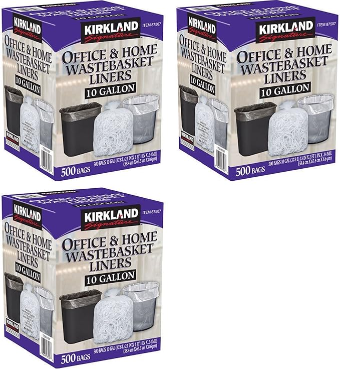 Kirkland Signature 10 Gallon Clear Wastebasket Liner 3 Pack (500 Bags)
