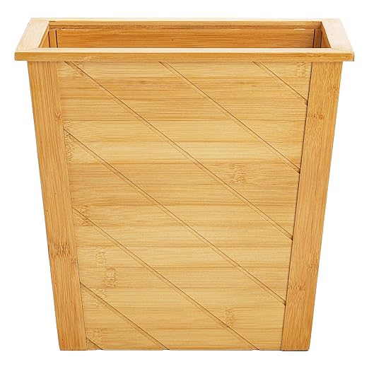 Frcctre Bamboo Waste Basket Rectangular Compact Waste Trash Can Garbage Bin Built-in Handles Brown Container Bin for Bedroom Office Living Room Kitchen Bathroom