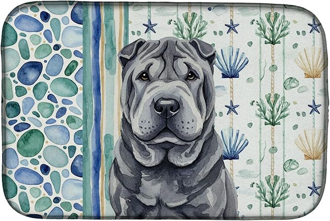 Caroline's Treasures Black Shar Pei Coastal Sea Glass Dish Drying Mat Absorbent Dish Drying Mat Pad for Kitchen Counter Dish Drainer Mat for Countertop 14 x 21 Multicolor